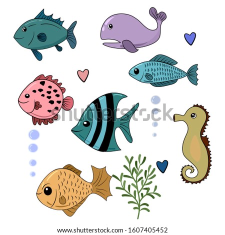 Vector illustration of happy fun cartoon sea creatures pattern background.