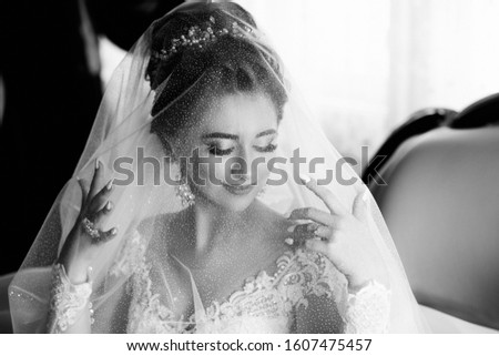 Black and white photo. Wedding. Beautiful young bride with wedding makeup and hairstyle in bedroom.Beautiful bride portrait with veil over her face. Closeup portrait of young gorgeous bride. 