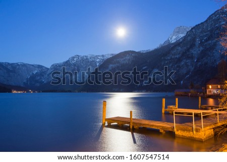 Village of Hallstatt at Night, Lake Hallstatt, Austria, Europe on April 18, 2019