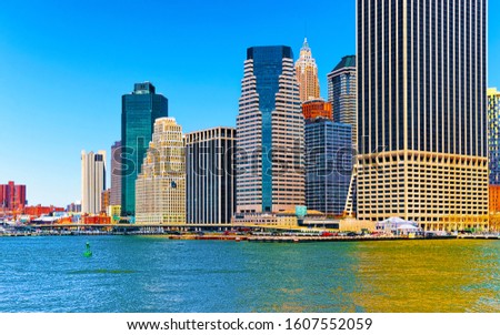 Battery Park City in Aerial view from Skyline with Skyscrapers in Lower Manhattan, New York City, America USA. American building. Metropolis NYC. Cityscape. Hudson, East River NY. Mixed media.