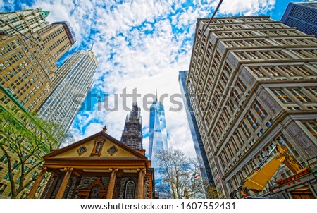 Skyline with Skyscrapers in Financial Center at Lower Manhattan, New York City, America. USA. American architecture building. Panorama of Metropolis NYC. Metropolitan Cityscape. Mixed media.