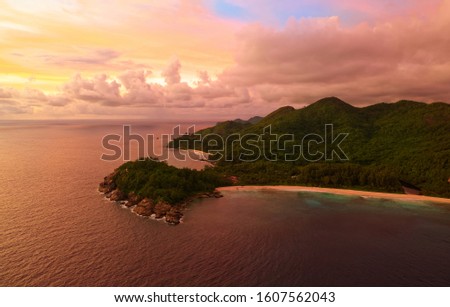 Panoramatic landscape Seychelles island Mahe in Indian ocean, beautiful blue sea with waves, sand beaches and green forest in the tropical paradise. Travel pictures.