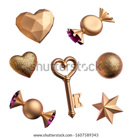 3d render, assorted golden objects isolated on white background, Valentine day or Birthday design elements. Festive clip art: candies, wrapped chocolate sweets, bonbon, star, serpentine, heart, star.