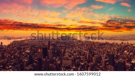 The New York City USA .Manhattan downtown and New Jersey skyline skyscrapers at sunset. Extreme Panorama