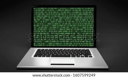 Laptop computer with green Matrix binary code