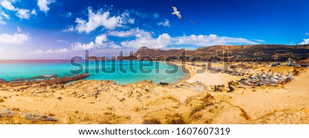 Panorama of turquoise beach Falasarna (Falassarna) in Crete with seagulls flying over, Greece. View of famous paradise sandy deep turquoise beach of Falasarna (Phalasarna), Crete island, Greece. Royalty-Free Stock Photo #1607607319