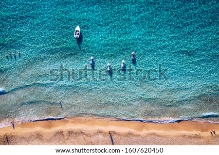 Aerial shot of beautiful turquoise beach Falasarna (Falassarna) in Crete, Greece. View of famous paradise sandy deep turquoise beach of Falasarna (Falassarna) in North West, Crete island, Greece. Royalty-Free Stock Photo #1607620450