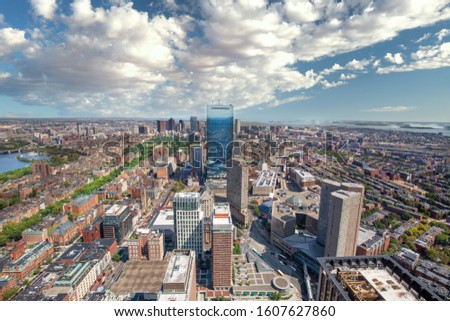 Panoramic aerial view of Boston financial district, historic center, Beacon Hill and Charles River
