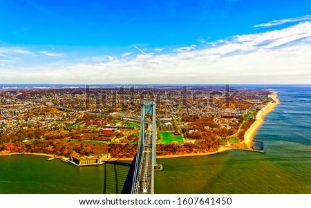 Aerial view with Verrazano-Narrows Bridge over Upper Bay and Lower Bay. It connects Brooklyn and Staten Island. Manhattan Area, New York of USA. United States of America, NYC, US. Mixed media.