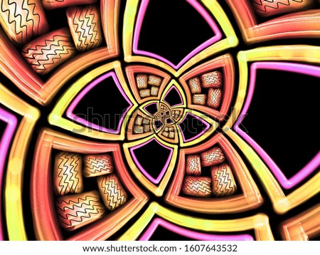 A hand drawing pattern made of yellow pink and orange on a black background