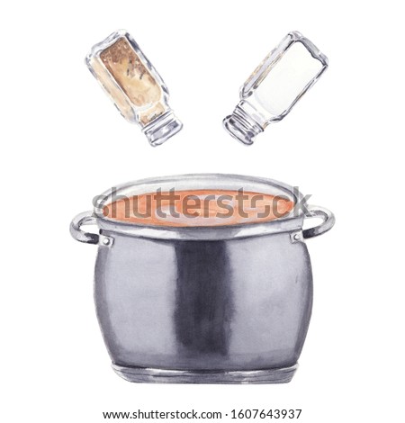 Watercolor cooking pot with salt and pepper illustration Hand drawn hand painted watercolor clip art Food illustration for cook book projects, menu or recipe