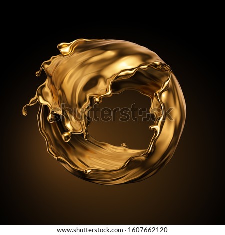 3d rendering, round gold liquid splash, metallic swirl, cosmetic oil, golden splashing clip art, artistic paint, abstract design element isolated on black background. Luxury beauty concept