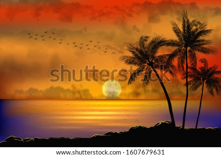 A Tropical Sunset with Palm Trees