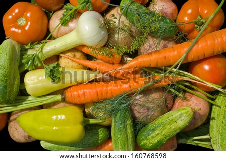 A close up of the fresh vegetables. Isolated on black.