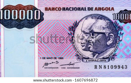 Jose Eduardo dos Santos and Antonio Agostinho Neto. Portrait from Angola 100000 Kwanzas Reajustados 1995 Banknotes. 