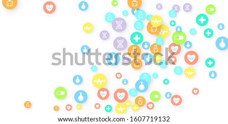 Pharmacy Background. Clinic Backdrop. Random Fall Health Care Icon. Medical Concept. Pharmaceutic Symbols. Colorful Circle Elements on White. Medicine Template. Layout Technology Vector Illustration.