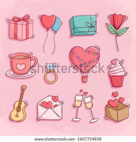 Cute valentine doodle icons or elements on pink background