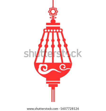 Flat red paper cut lantern silk tassel on white background. Happy Chinese New Year decorative element design, China spring festival hanging circular & cylindrical shape fortune lamp icon illustration