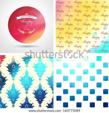 Vector set of four backgrounds and frame. Hand drawing with colored spots and blotches. Beautiful inscription in retro style - Sunday like a holiday. Damasc and geometric pattern.