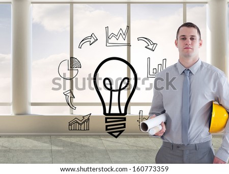 Composite image of architect carrying construction plan and helm in his office