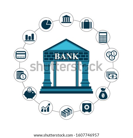 Money Icons, with bank and white background