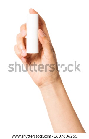 woman hand hold a blank cosmetic container isolated on white.