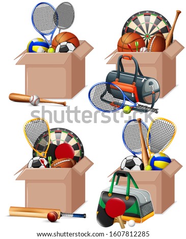 Set of boxes full of sport equipments on white background illustration