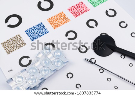 Landolt ring eye test chart and disposable contact lenses