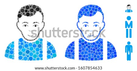 Guy composition of filled circles in various sizes and color tints, based on guy icon. Vector filled circles are composed into blue composition. Dotted guy icon in usual and blue versions.