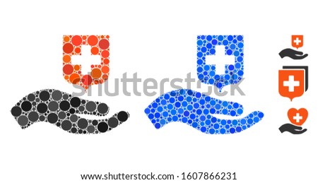 Hand offer medical shield composition of spheric dots in various sizes and shades, based on hand offer medical shield icon. Vector dots are combined into blue composition.