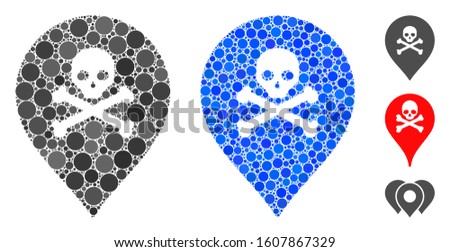Death map marker composition of small circles in various sizes and color tinges, based on death map marker icon. Vector random circles are organized into blue collage.