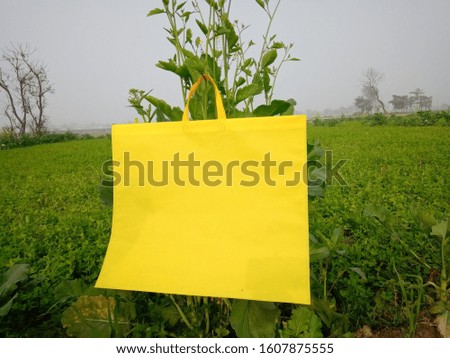 yellow fabric friendly bag hang with green plant. save earth concept 