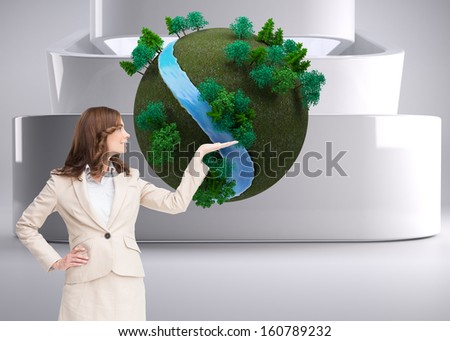 Composite image of smiling businesswoman raising her hand 