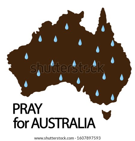 Australia is on fire. Pray for Australia. Vector illustration with flame on white background. Vector illustration with silhouette continent and rain. Help the forest.