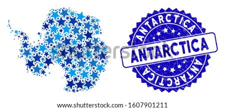 Blue Antarctica map collage of stars, and textured round seal. Abstract territorial plan in blue color tinges. Vector Antarctica map is designed of blue stars.