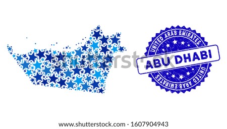 Blue Abu Dhabi Emirate map collage of stars, and scratched rounded stamp. Abstract territory plan in blue shades. Vector Abu Dhabi Emirate map is organized of blue stars.