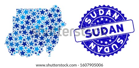 Blue Sudan map composition of stars, and distress round seal. Abstract territory plan in blue color tones. Vector Sudan map is designed of blue stars. Designed for political and patriotic projects.