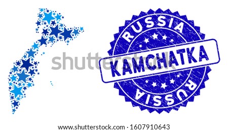 Blue Kamchatka map composition of stars, and textured round seal. Abstract geographic plan in blue color tints. Vector Kamchatka map is created of blue stars.