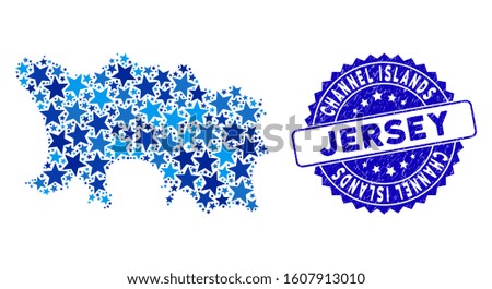 Blue Jersey Island map composition of stars, and distress round stamp. Abstract geographic plan in blue color tones. Vector Jersey Island map is designed of blue stars.