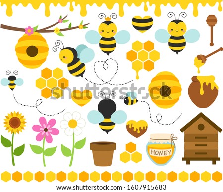 Honey Bees Vector Set. Cute bee cartoon collection. Funny illustrations, flat style icons. Beekeeping clip art, bright colorful graphic elements. Queen bee, beehives, borders, flowers, honeycombs.