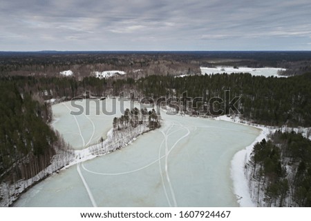 Aerial view of a group of lakes and forest in winter against the background of an overcast sky. Photo of the northern nature from the drone.