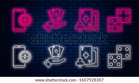 Set line Hand holding deck of playing cards, Playing card with diamonds, Online poker table game and Game dice. Glowing neon icon on brick wall. Vector