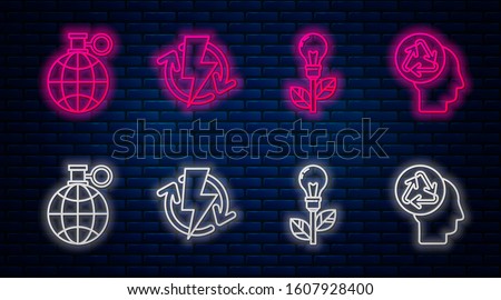 Set line Recharging, Light bulb with leaf, Planet earth and a recycling and Human head with recycle. Glowing neon icon on brick wall. Vector