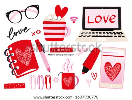 Home office Valentine's Day clipart set with hot drink cappuccino cup, marshmallow, laptop, mobile phone, glasses, planner, text highlighter, pen, paper clip, washi tape roll and love hand lettering.