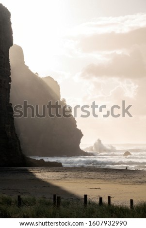 Evening view of waves crashing in Piha beach cove with Camel Rock in background