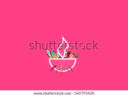Diwali oil lamp with firecrackers isolated on pink background 