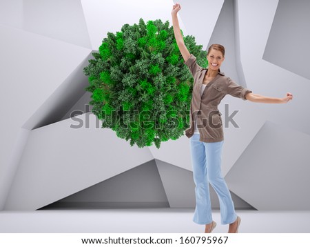 Composite image of happy woman jumping in the air