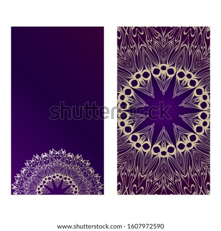 Vintage Cards With Floral Mandala Pattern.  Template. The Front And Rear Side. Luxury purple gold color.
