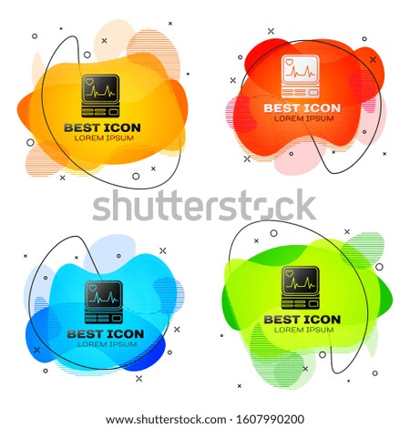 Black Computer monitor with cardiogram icon isolated on white background. Monitoring icon. ECG monitor with heart beat hand drawn. Set abstract banner with liquid shapes. Vector Illustration