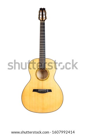 wood texture of lower deck of six strings acoustic guitar on isolated on white background. guitar shape